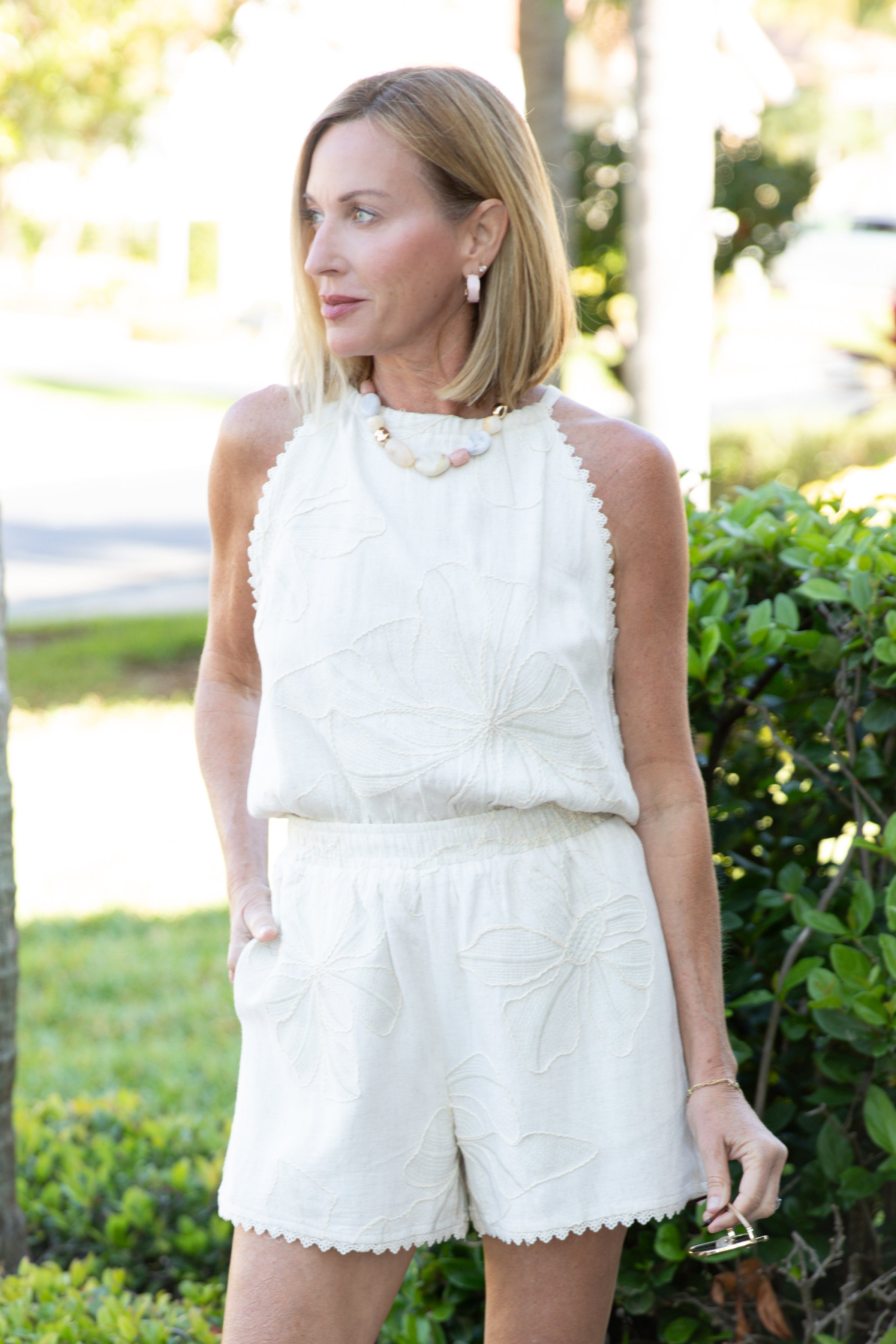 Natural Meadow Embroidered Linen Bubble Halter Top