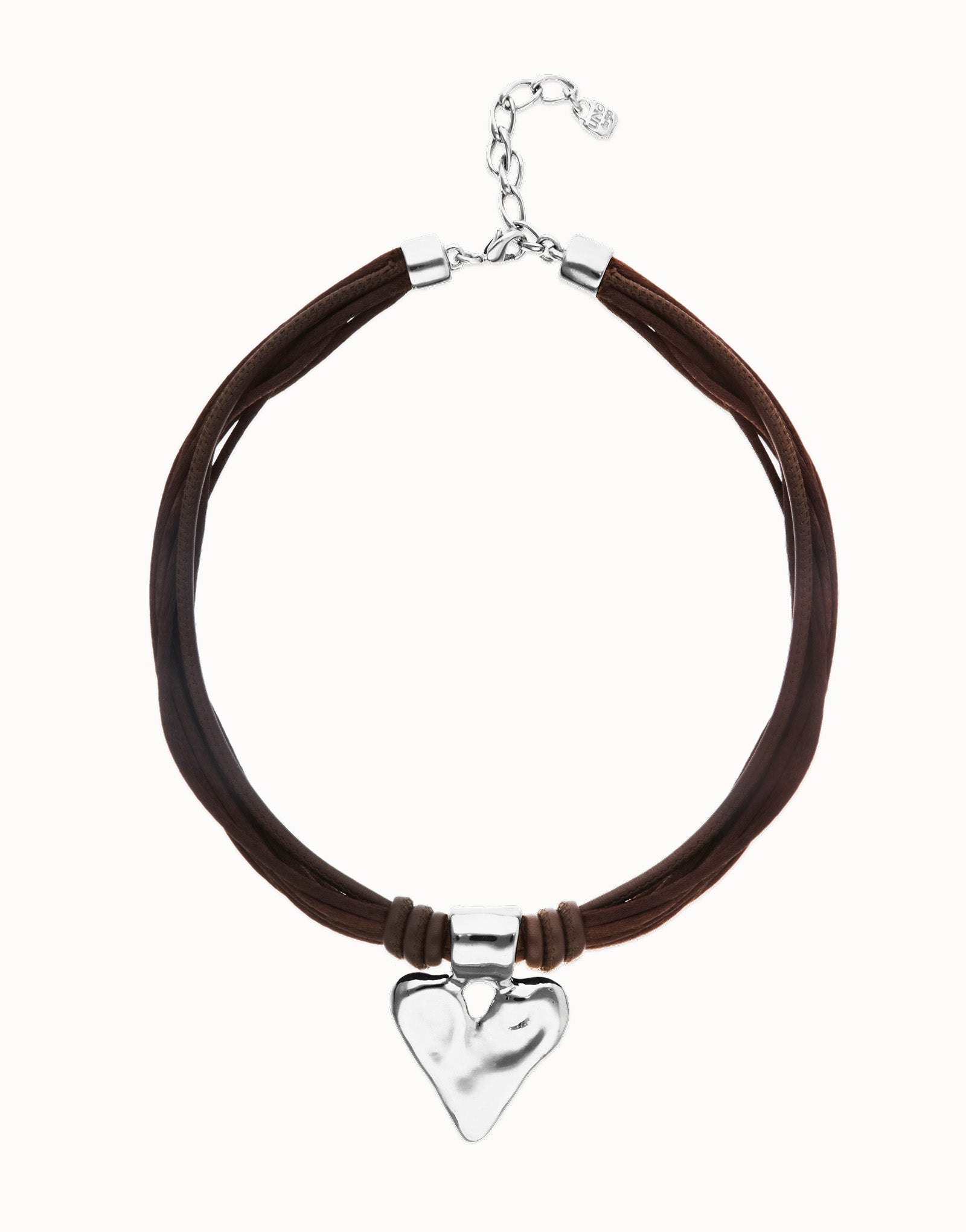 Brown Leather and Silk Thread Necklace with Heart Detail